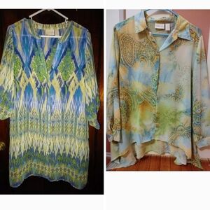 Chico’s: Spring Set, Size 2/2P (14/16) Ikat & Paisley Tops, Oversized & Flowy